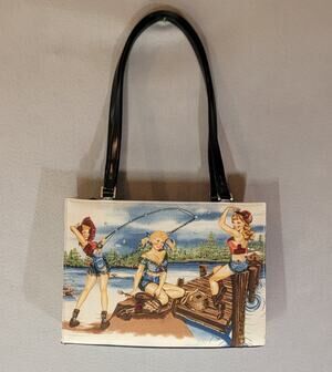 Vintage Y2K Pin Up Girls Fishing Tote Handbag Bedazzled Rhinestone Lake Scene